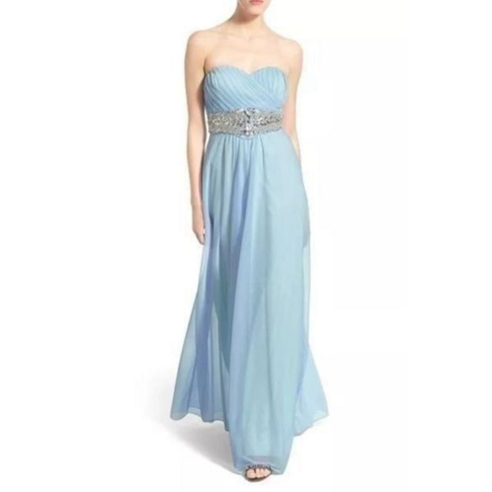 $130 SEQUIN HEARTS NORDSTROM JUNIORS 9 BLUE STRAPLESS JEWELED WAIST FORMAL GOWN